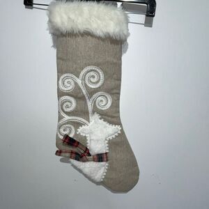 Ridgefield Home Beige White Reindeer Faux Fur Trim Holiday Christmas Stocking